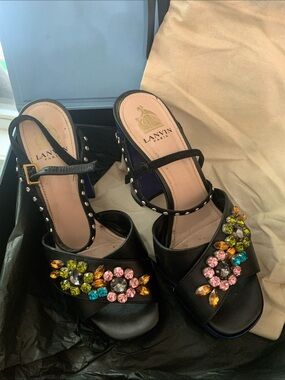 Lanvin Black Jeweled Leather Open-Toe Heels